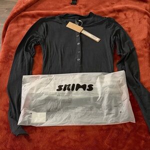 SKIMS Black Long Sleeve Henley Top with Button Placket